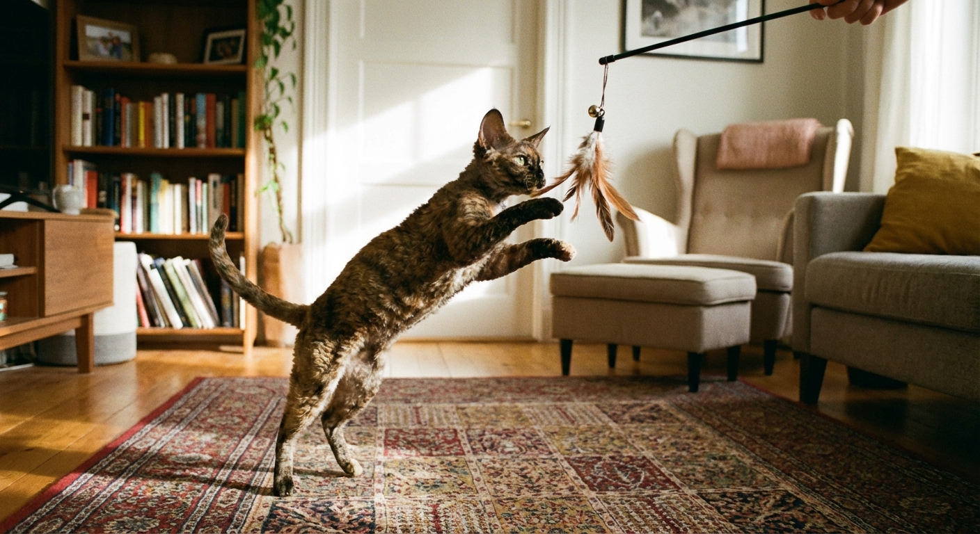A Devon Rex cat playing with a feather wand toy in a living room