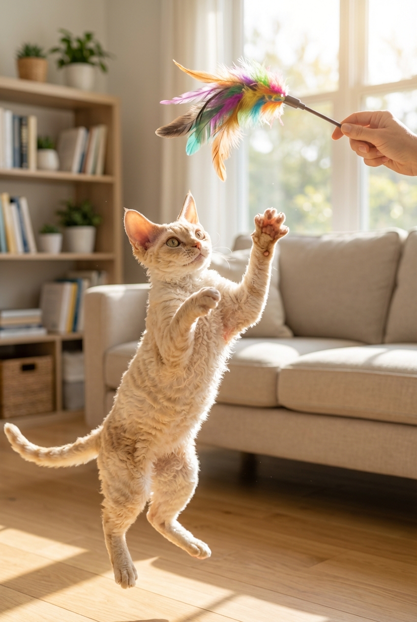 A Devon Rex cat reaching for a feather wand toy in a bright living room