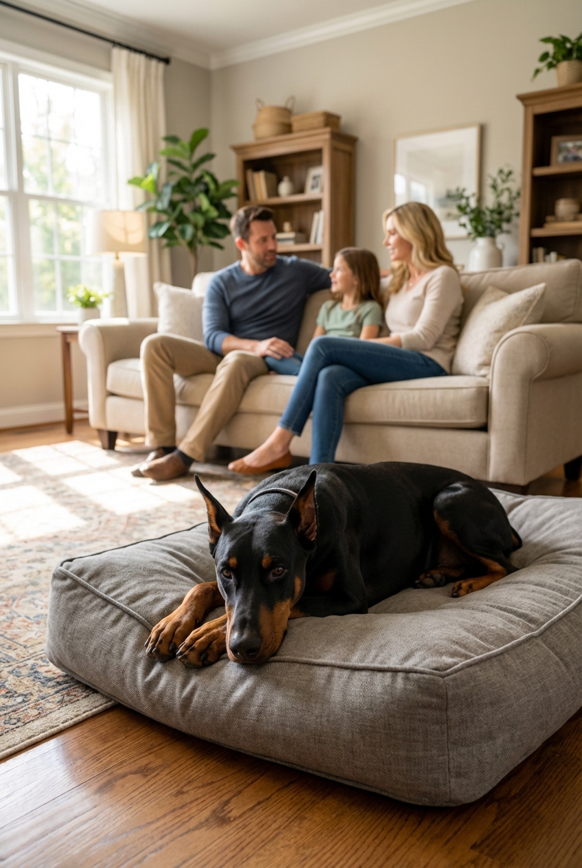 A Doberman Pinscher calmly lying on a dog bed while a family talks in the living room in the background