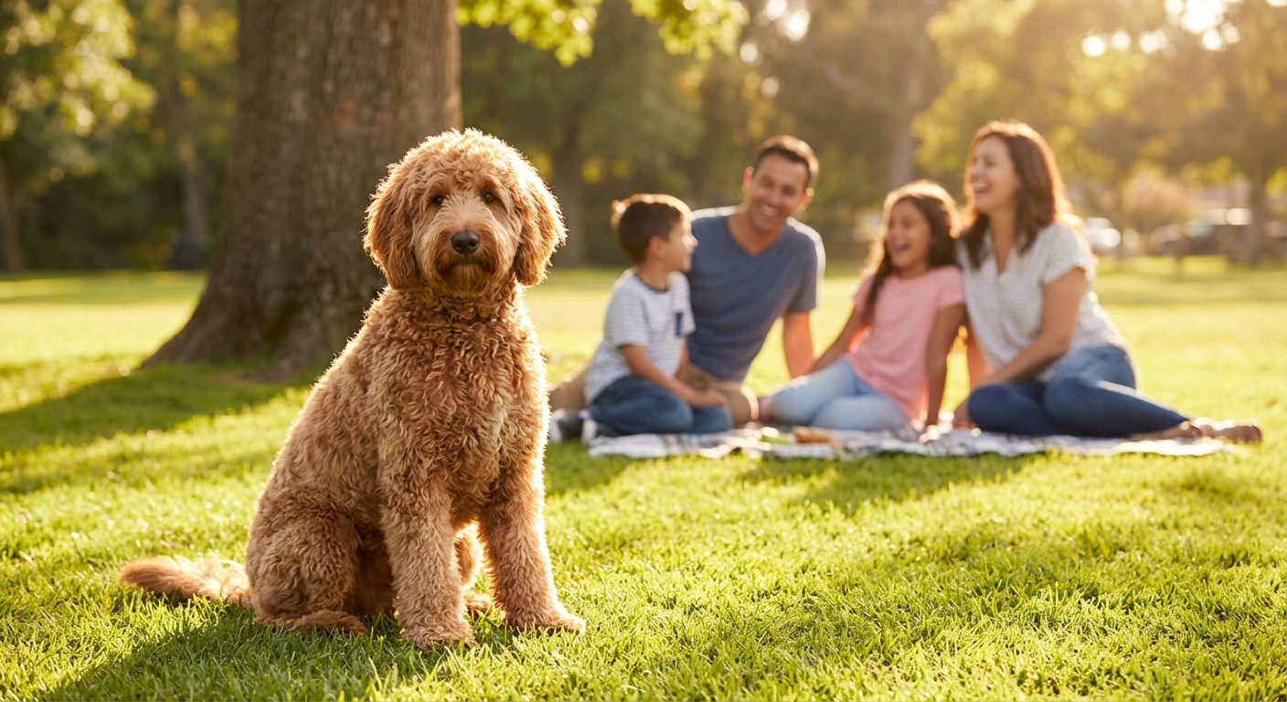 A Double Doodle sitting on grass while a family relaxes in the background at a park, dog looking toward the camera with a calm expression, sunny afternoon, photorealistic
