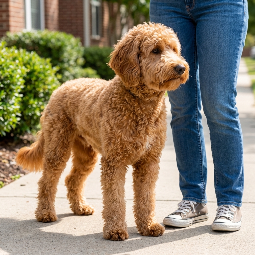 A Double Doodle standing on a sidewalk next to a person’s legs for scale, showing a sturdy athletic build and medium height, daytime street photography style, photorealistic