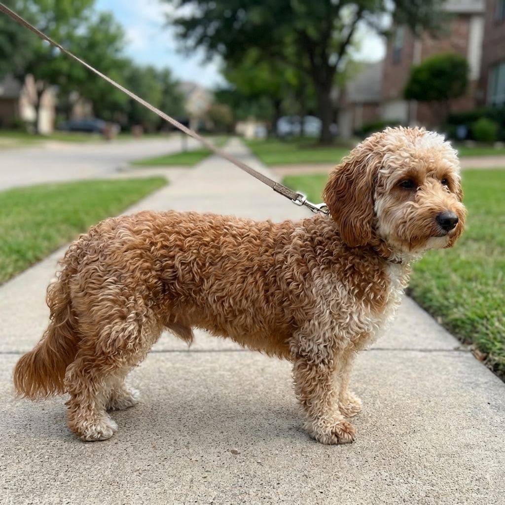 A Doxiepoo standing in profile on a sidewalk during a calm neighborhood walk, showing a slightly long body and curly coat, photorealistic outdoor pet photography