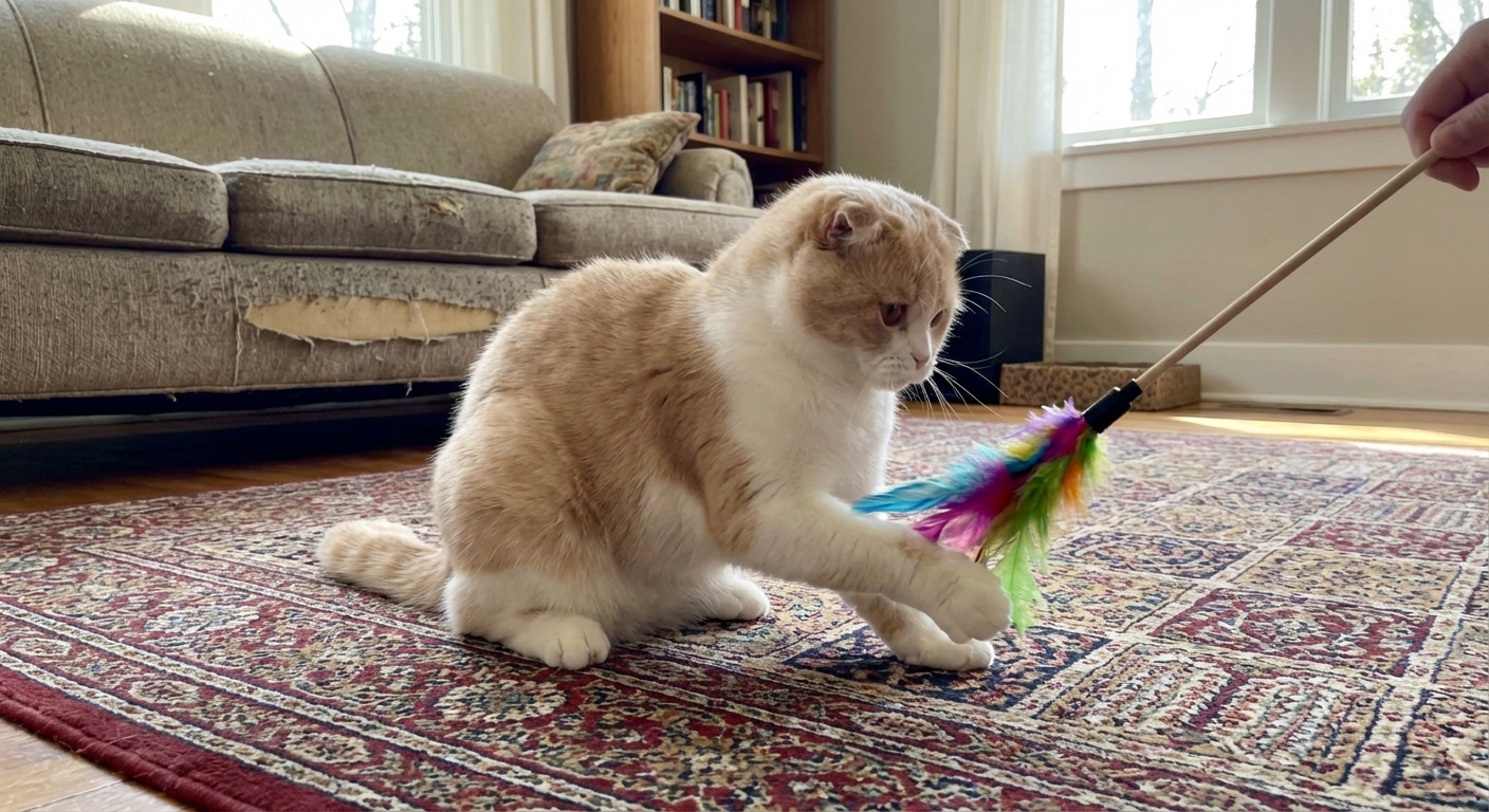 A Foldex cat playing gently with a feather wand toy on a living room rug