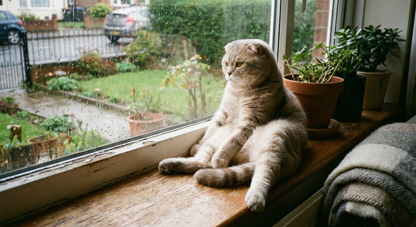 A Foldex cat sitting on a windowsill looking outside with a relaxed, round-faced expression