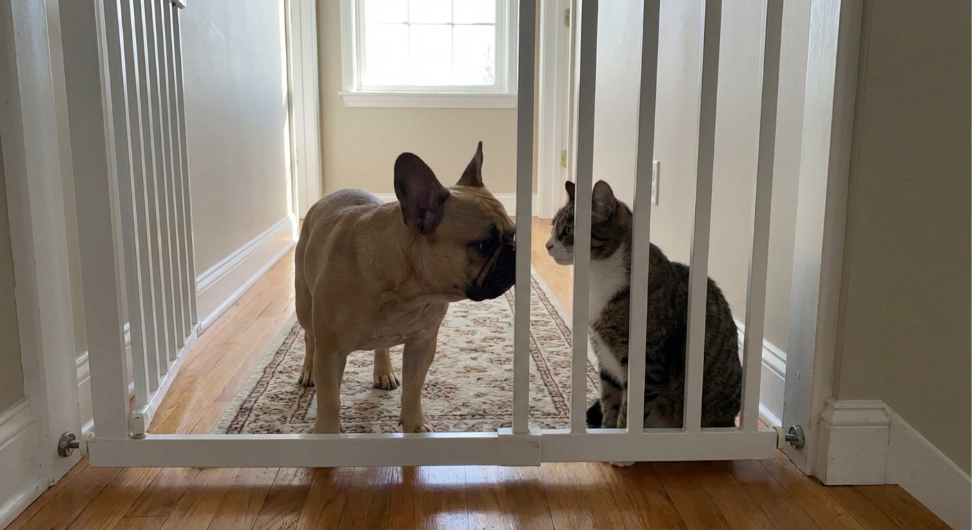 A French Bulldog calmly sniffing a cat through a baby gate in a hallway