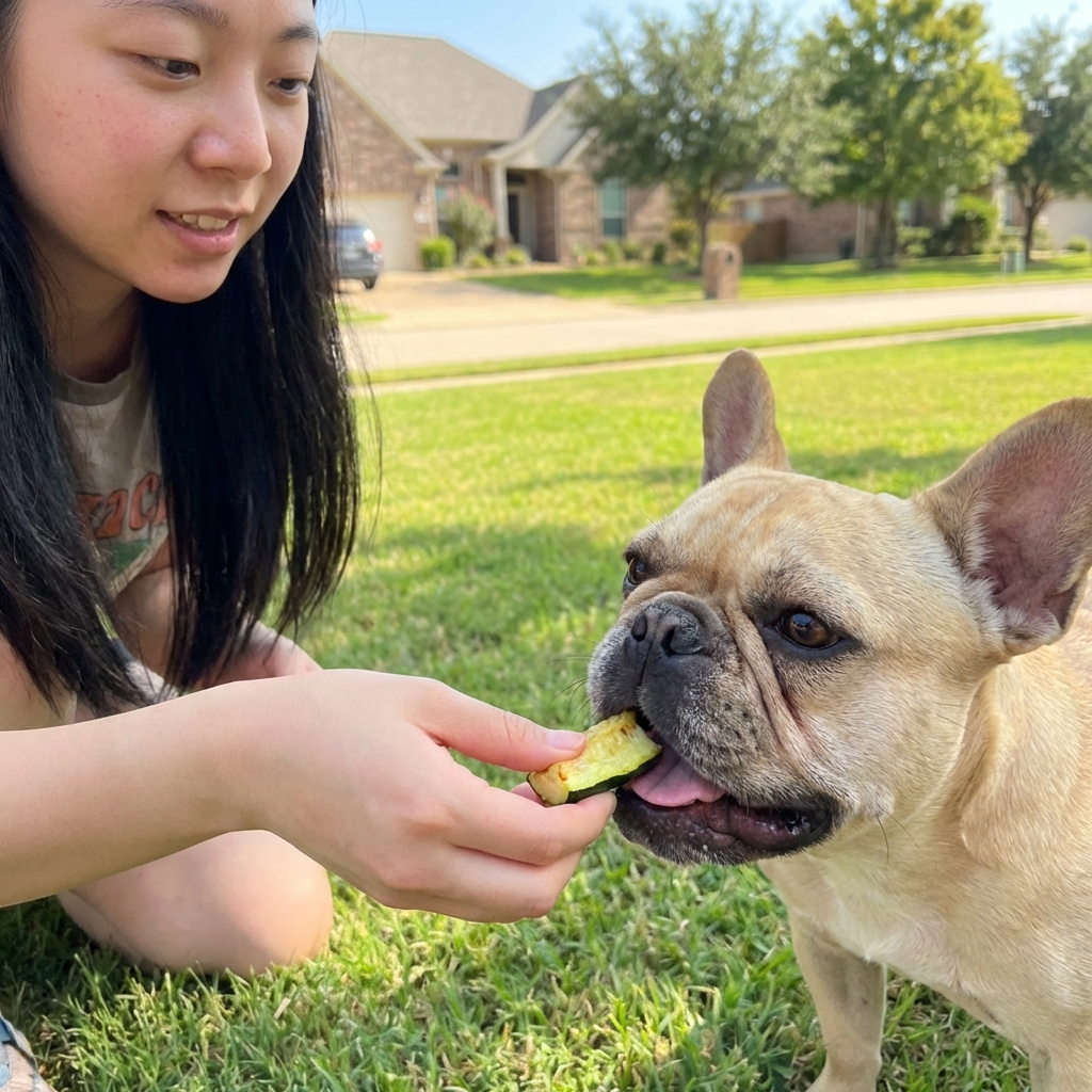 A French Bulldog eating a small piece of cooked zucchini from a person’s hand outdoors
