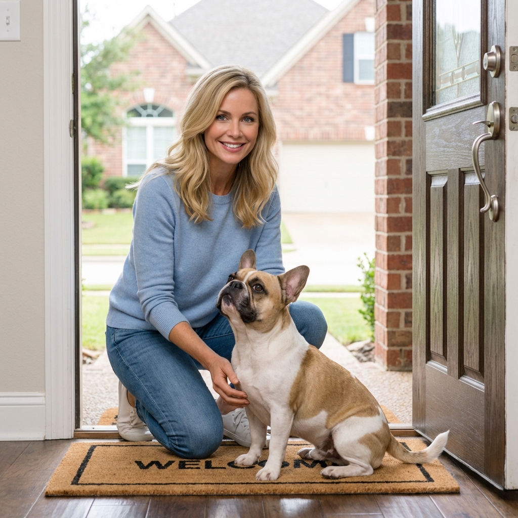 A French Bulldog greeting an adult at the front door with a relaxed body posture