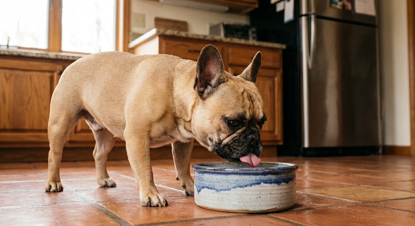 A French Bulldog leaning down to drink from a ceramic water bowl on a kitchen floor