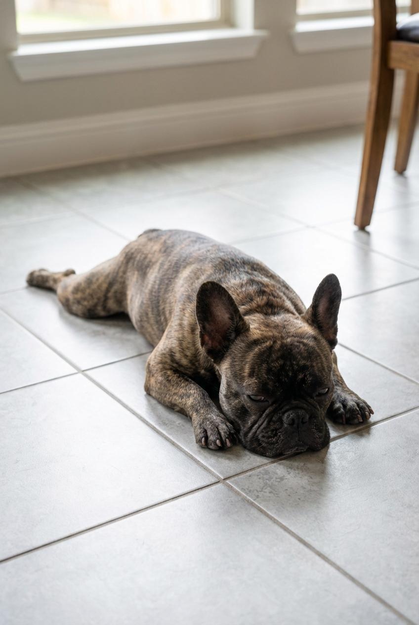 A French Bulldog resting comfortably on a cool tile floor indoors