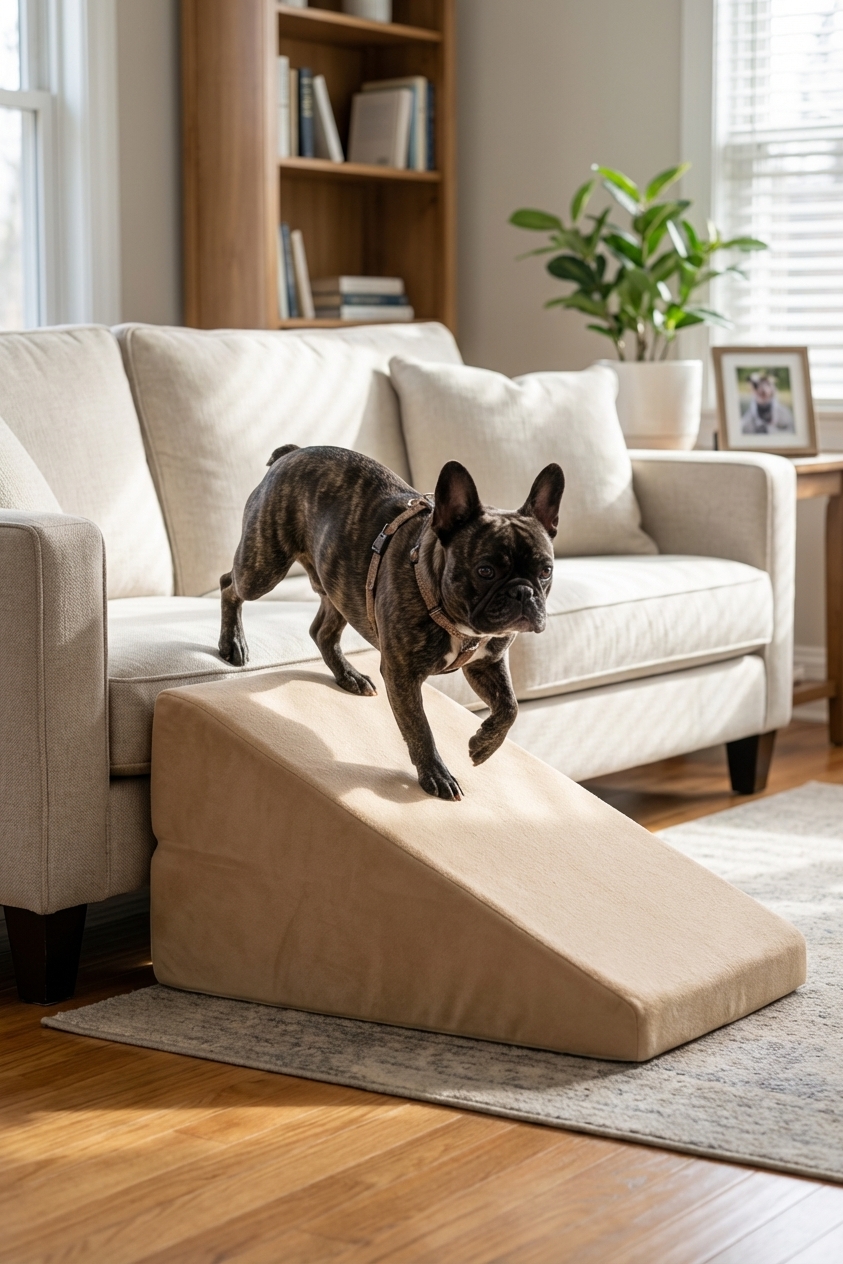 A French Bulldog walking up a foam pet ramp to a couch in a tidy living room, realistic photography style