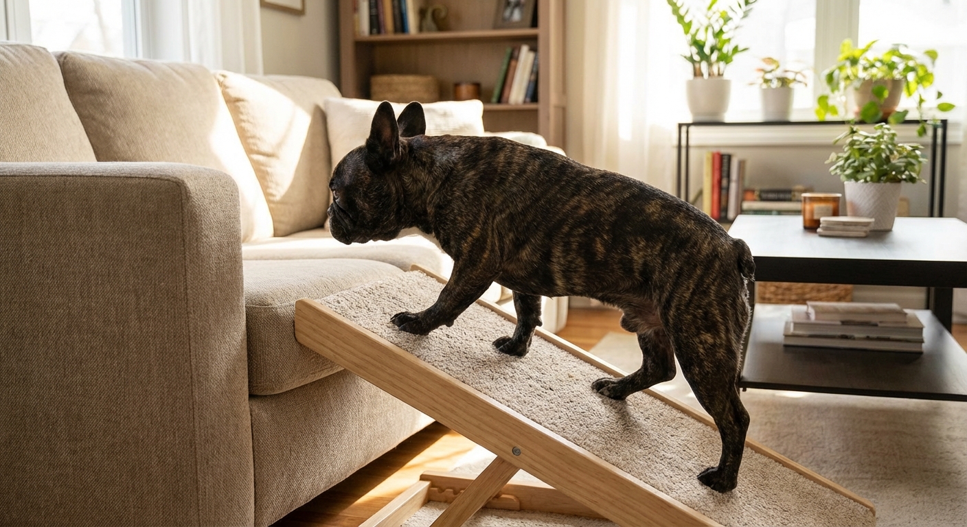 A French Bulldog walking up a small pet ramp to a couch in a living room