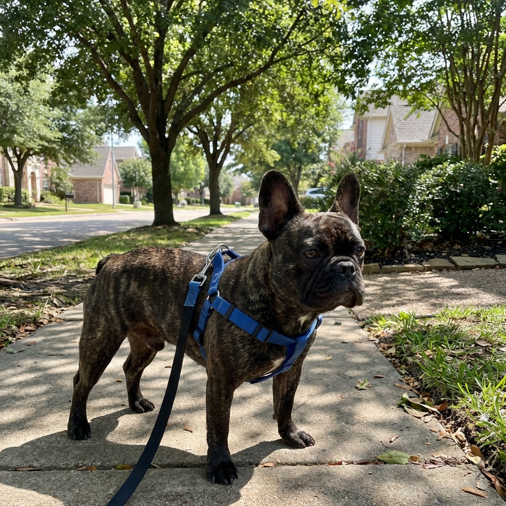 A French Bulldog wearing a harness while standing on a shaded sidewalk during a walk