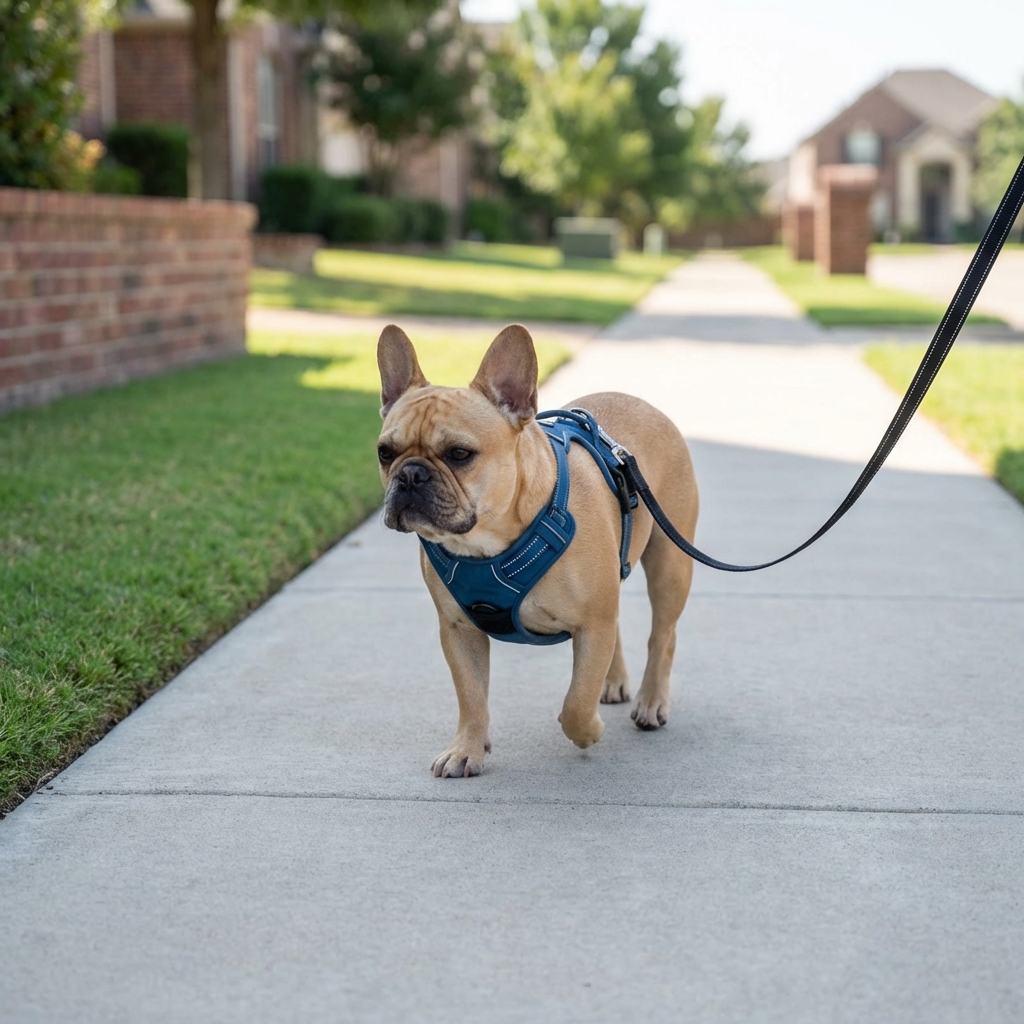 A French Bulldog wearing a harness while walking slowly on a leash outdoors on a flat sidewalk