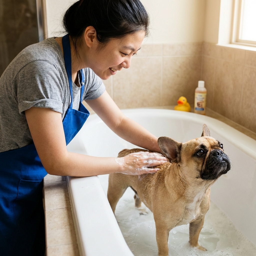 A French Bulldog with a short coat being gently bathed in a home bathtub