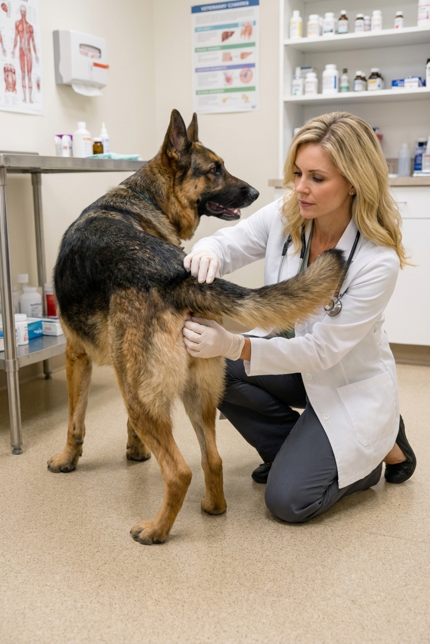A German Shepherd Dog standing calmly on a veterinary clinic exam room floor while a veterinarian gently lifts the tail to examine the skin around the anus, realistic photography style