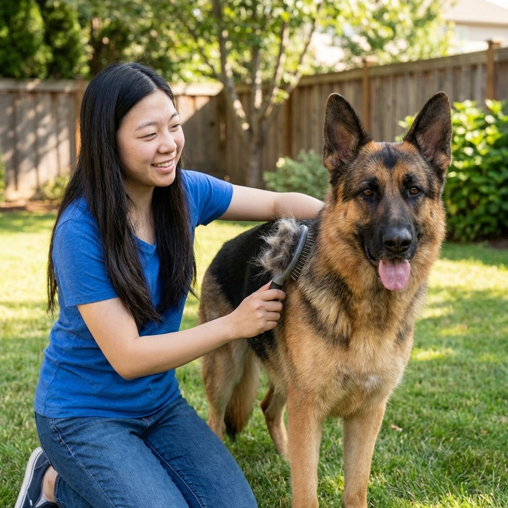 A German Shepherd being brushed outdoors with loose fur visible on the brush