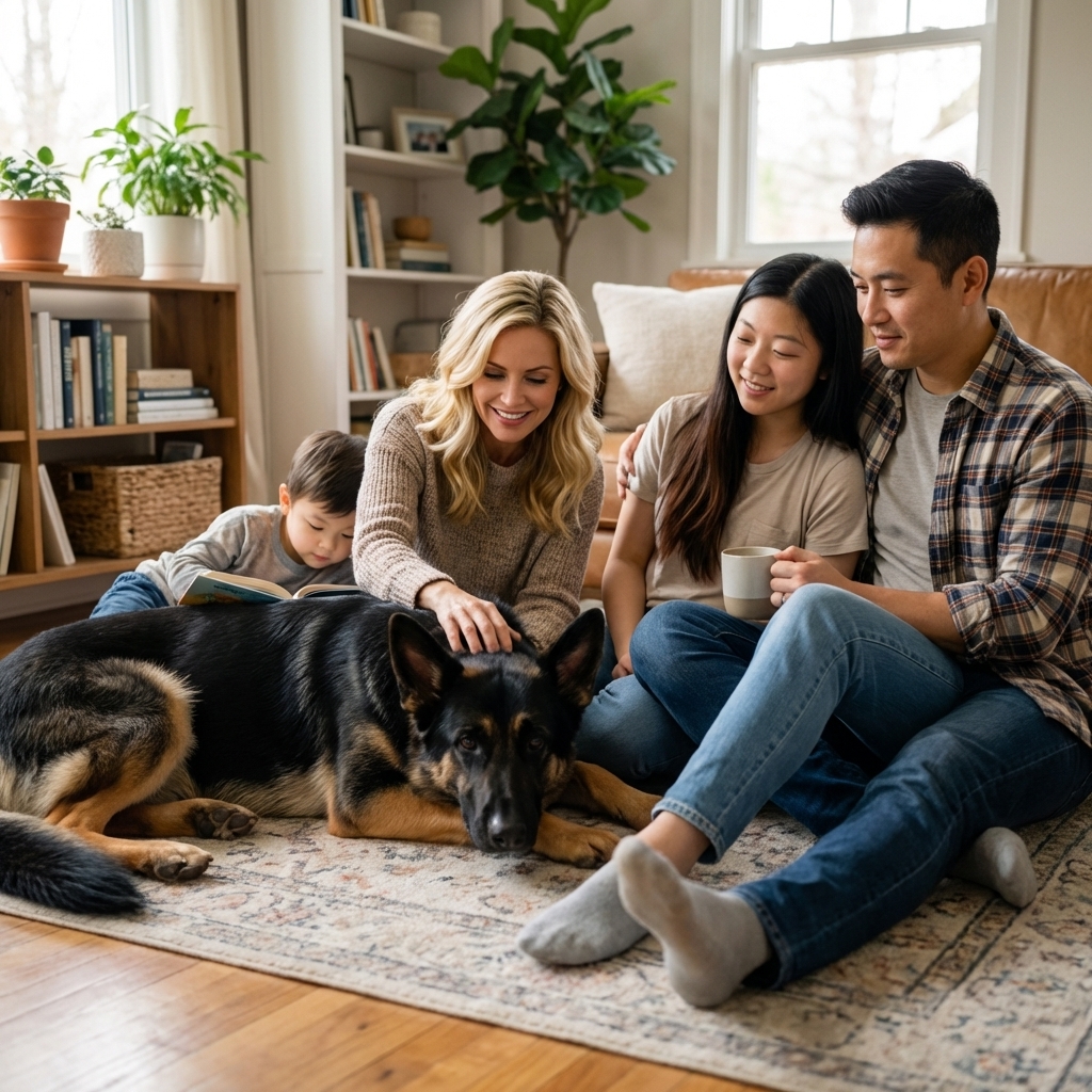 A German Shepherd resting calmly at home beside a family on a living room floor