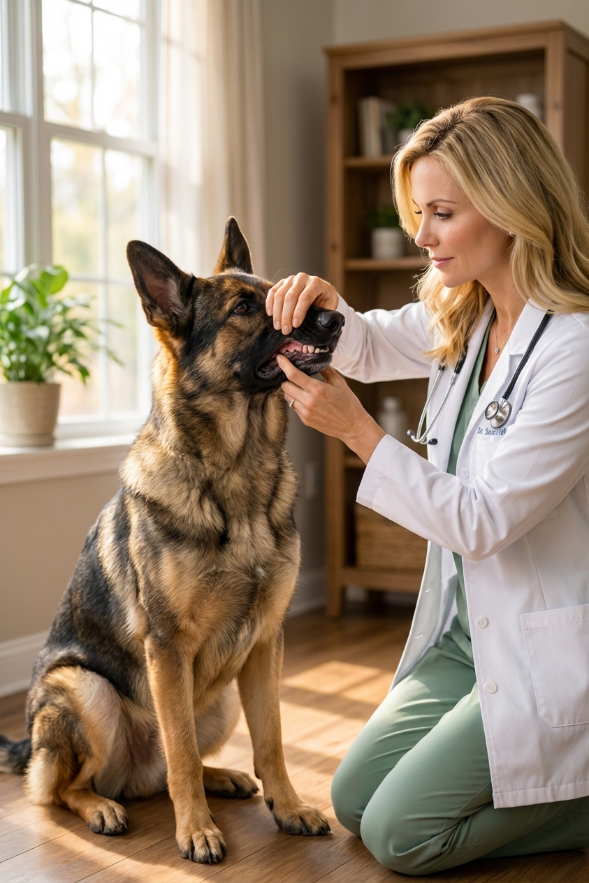A German Shepherd sitting calmly while a person gently lifts the dog’s lip to check gum color in natural window light, realistic photo