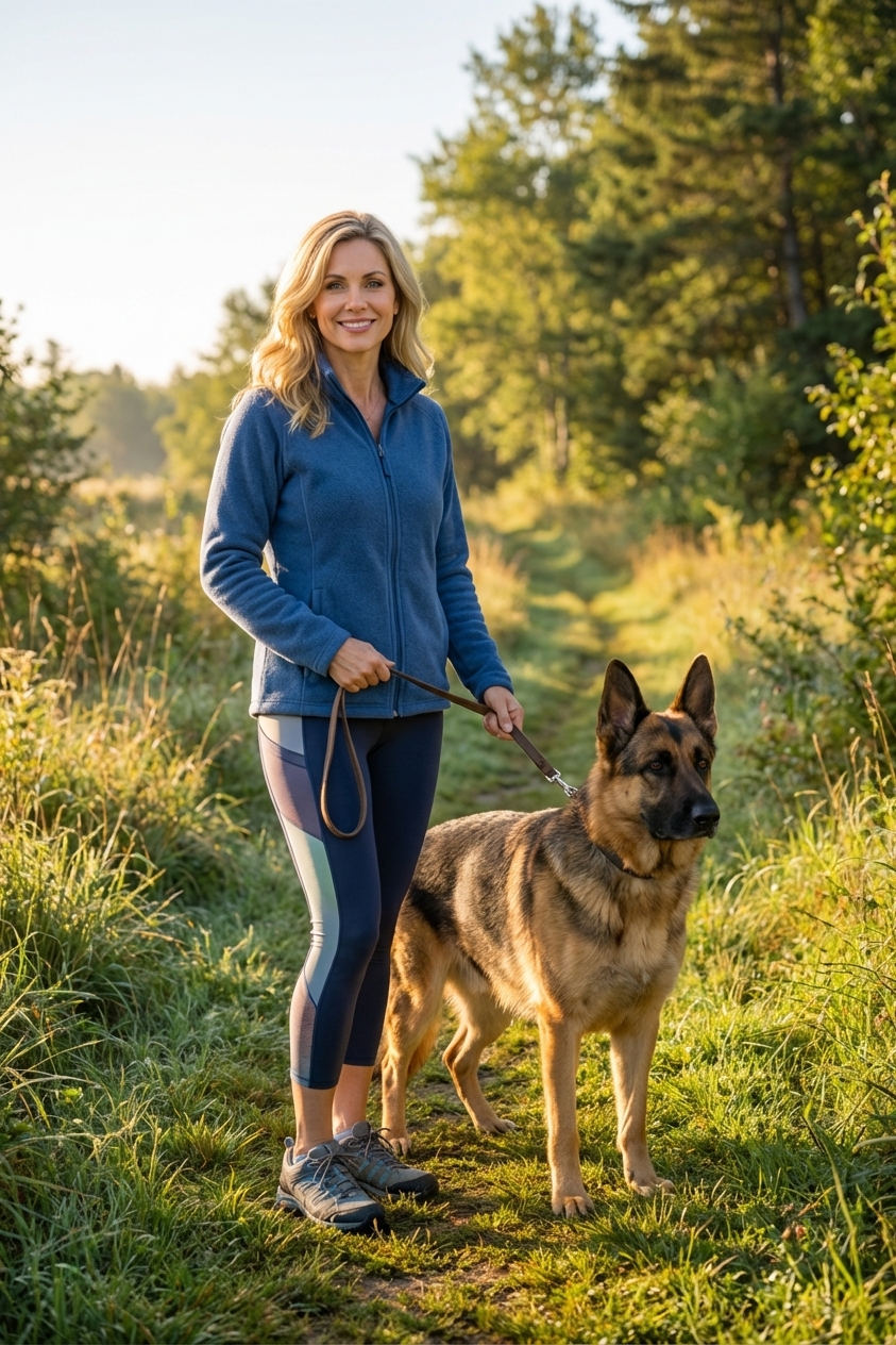 A German Shepherd standing alert on a grassy trail during a sunny morning walk