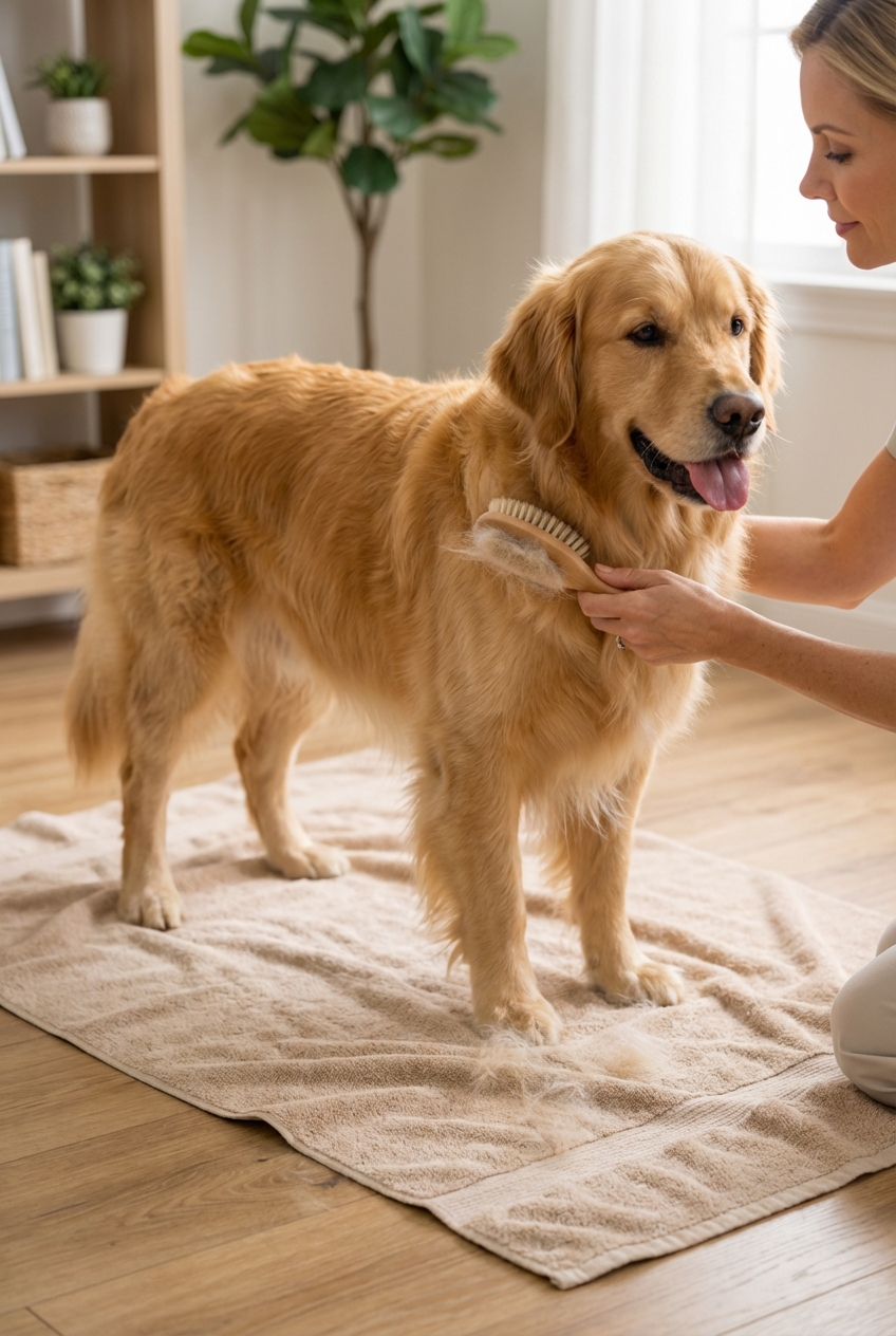 A Golden Retriever being gently brushed indoors while standing on a towel