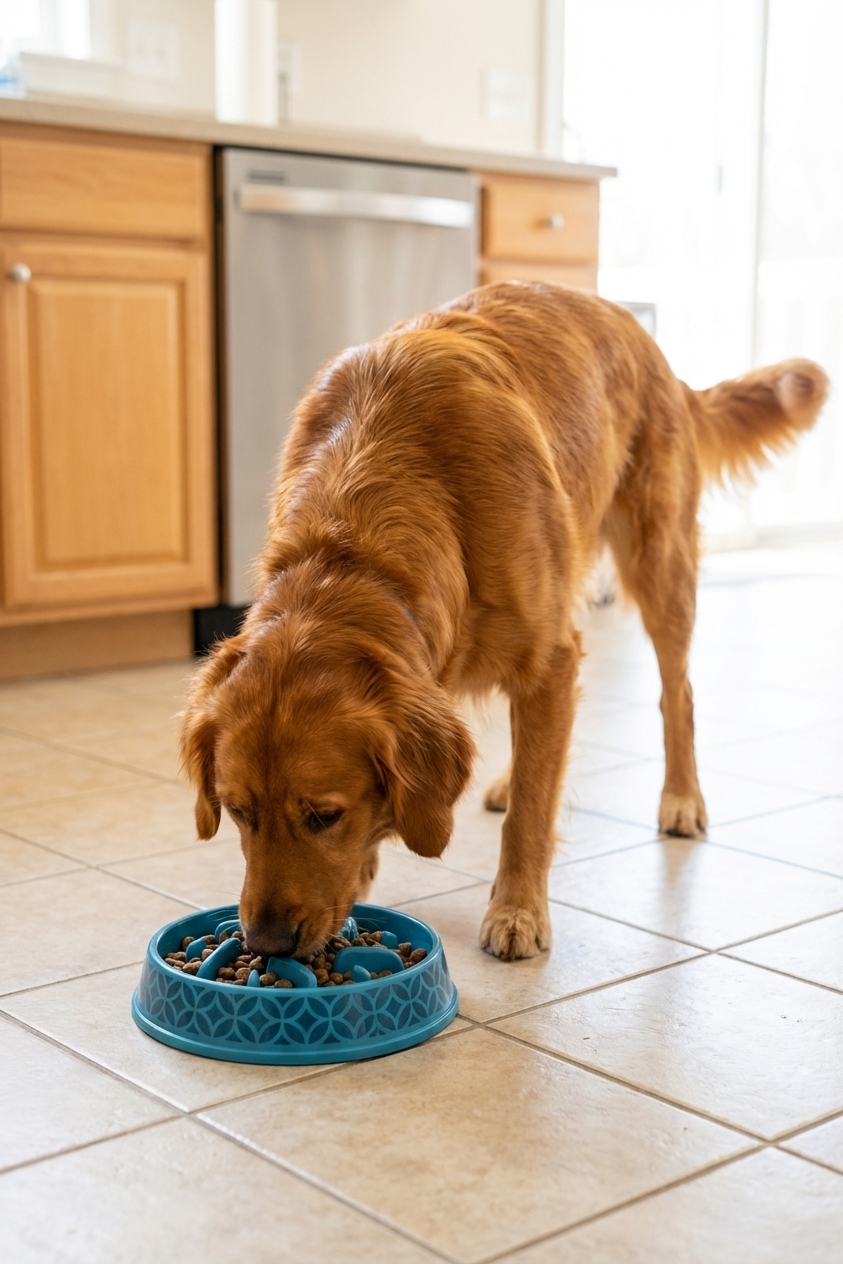 A Golden Retriever eating kibble from a slow feeder bowl on a kitchen floor
