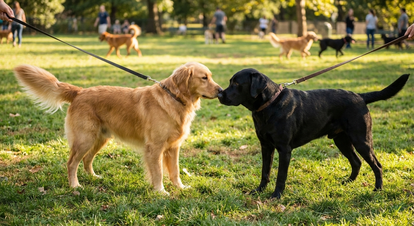 A Golden Retriever gently sniffing noses with another dog in a grassy dog park during daylight, realistic photo