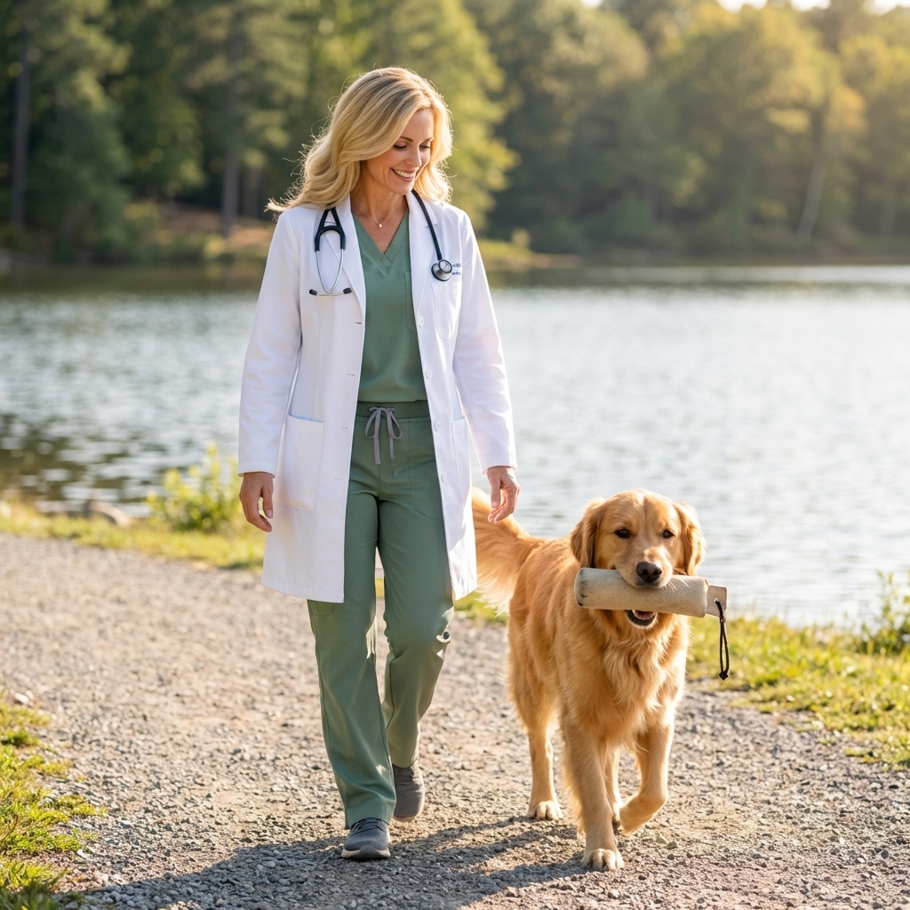 A Golden Retriever holding a training dummy on a lakeside path