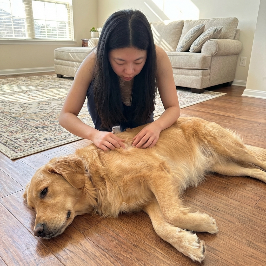 A Golden Retriever lying on a living room floor while an owner gently parts the fur to check the skin for lumps