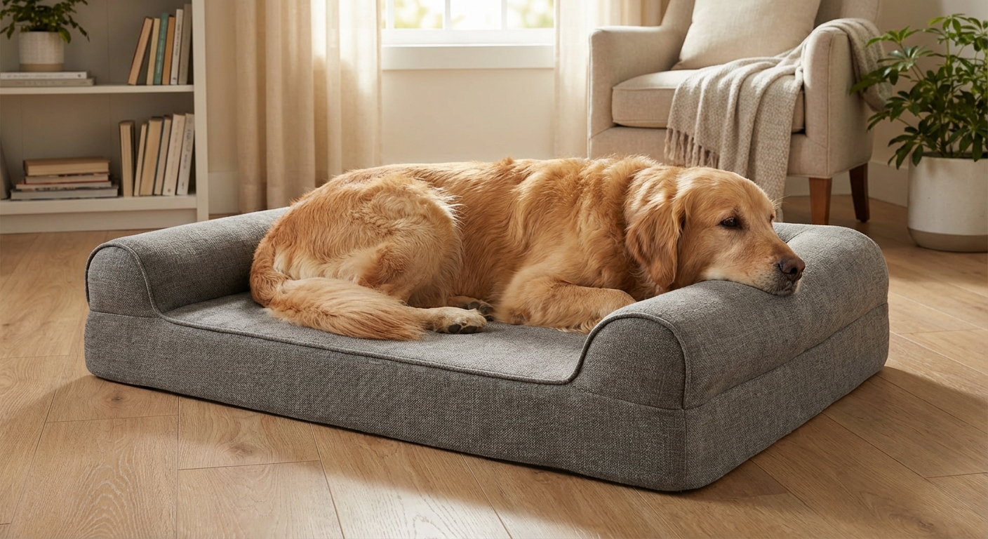 A Golden Retriever lying on an orthopedic dog bed with a bolster edge in a calm living room