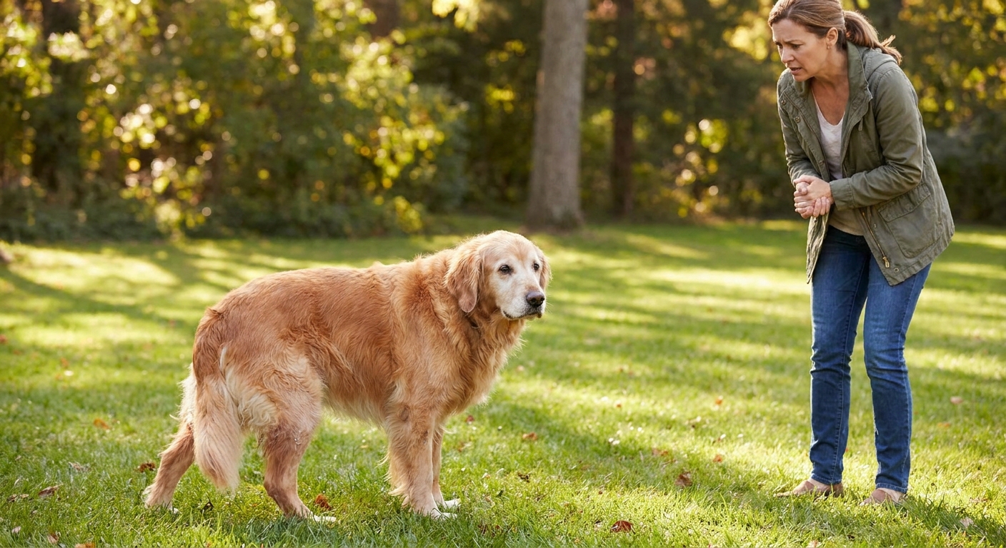 A Golden Retriever outdoors on grass appearing unsteady on its back legs while a person stands nearby watching closely