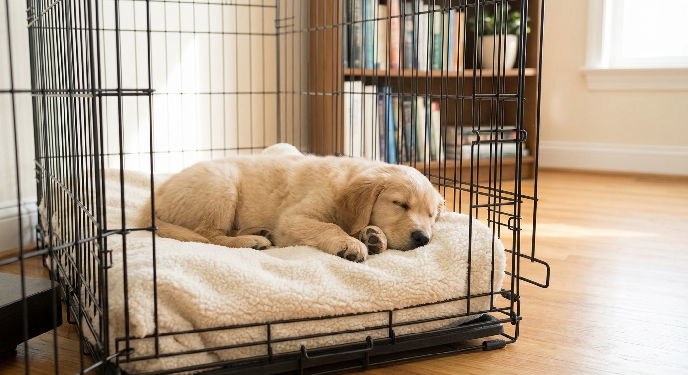 A Golden Retriever puppy asleep in a crate on a soft blanket in a quiet room