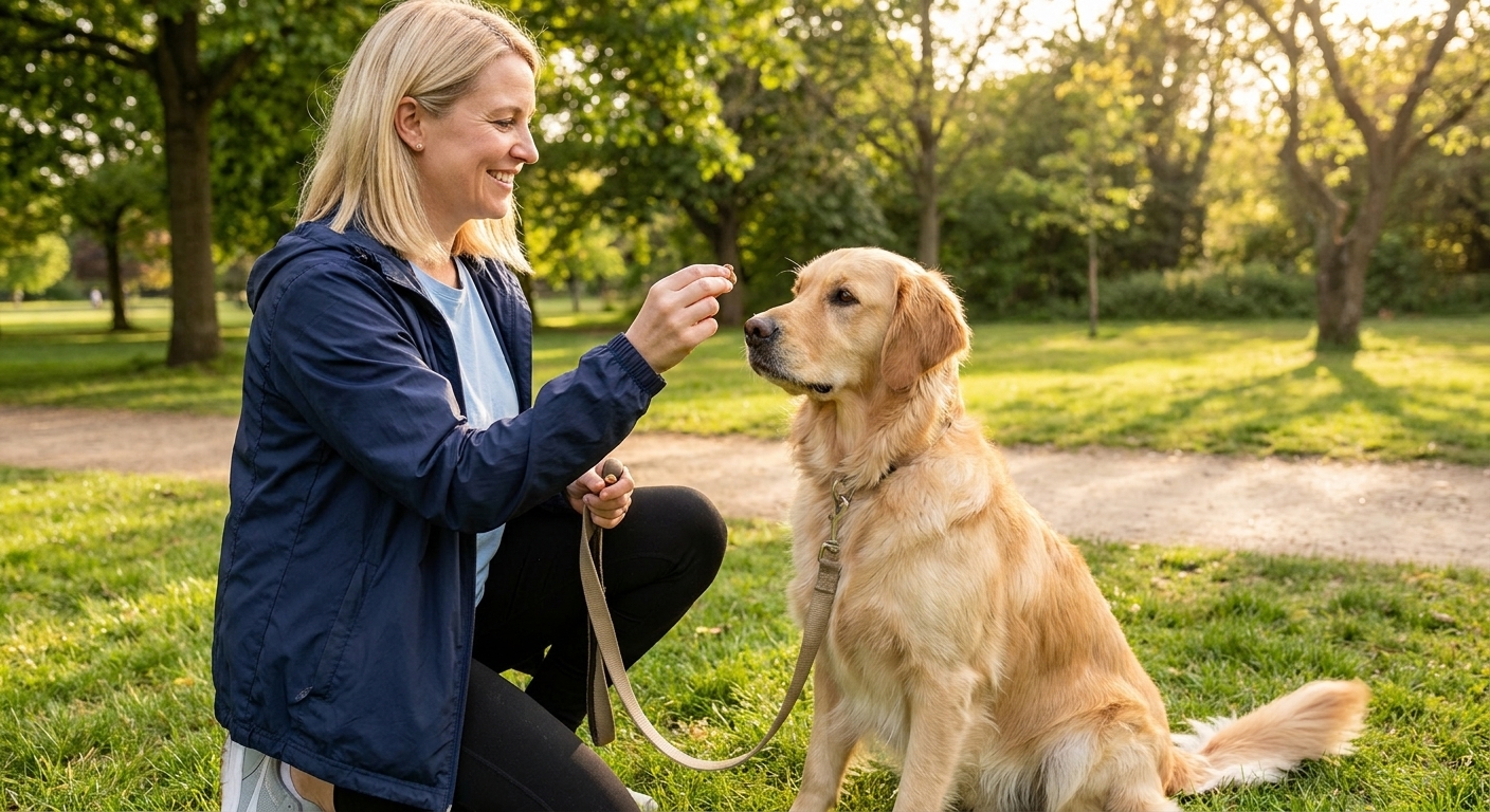 A Golden Retriever sitting attentively in a park while a handler holds a treat at chest level, realistic training photo