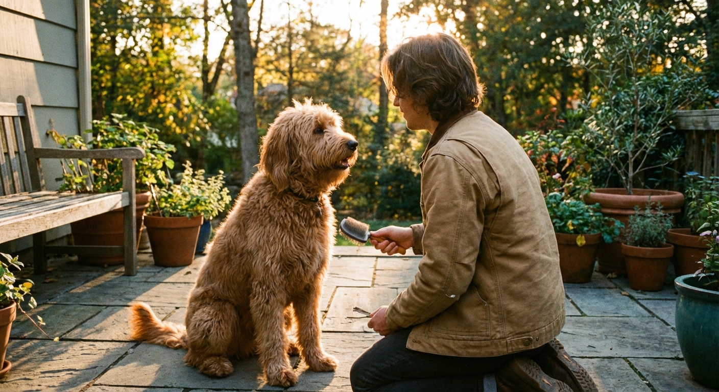 A Goldendoodle sitting on a backyard patio while a person holds a grooming brush nearby, late afternoon natural light, photorealistic