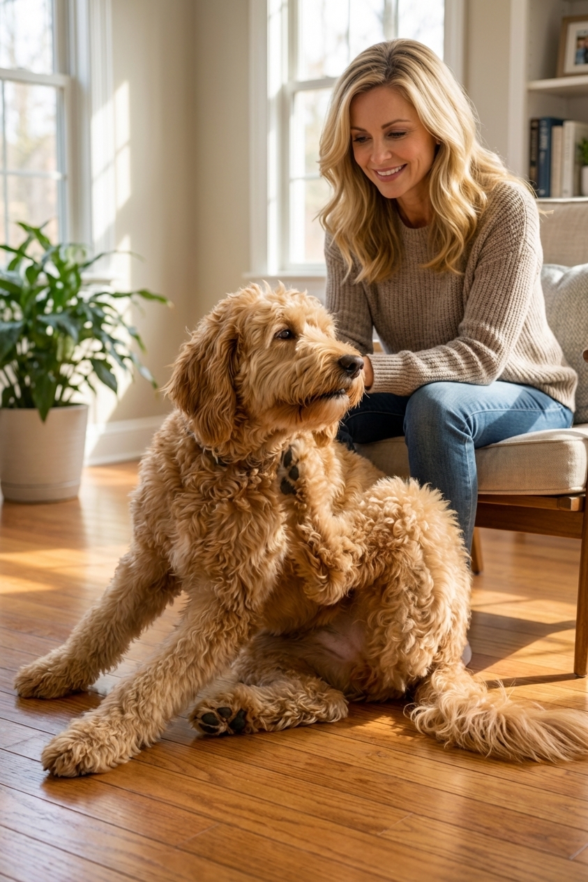 A Goldendoodle sitting on a hardwood floor gently scratching its neck with a hind leg while a person watches nearby, photorealistic