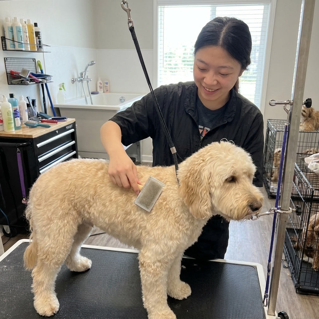 A Goldendoodle standing calmly on a grooming table while a groomer gently brushes its wavy coat, real photograph style