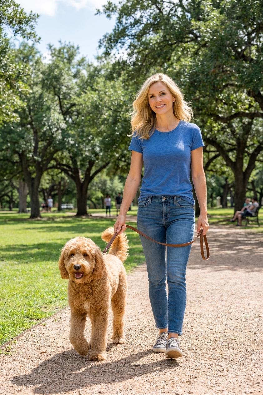 A Goldendoodle walking on a leash at a green park in Texas under bright daylight, real photograph style