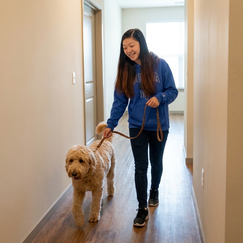 A Goldendoodle walking politely on a leash in a clean apartment hallway beside its owner, real photograph style
