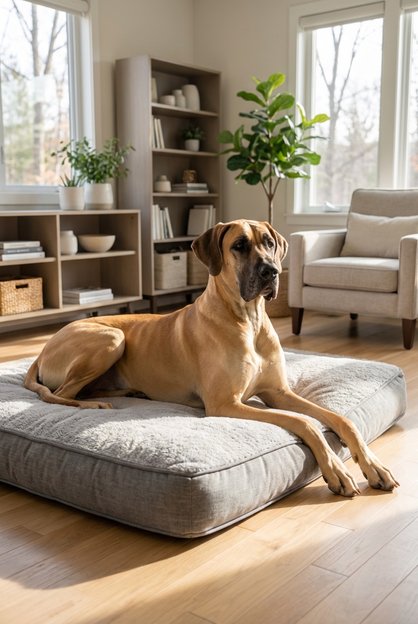 A Great Dane lying on a thick orthopedic dog bed in a bright, clean home