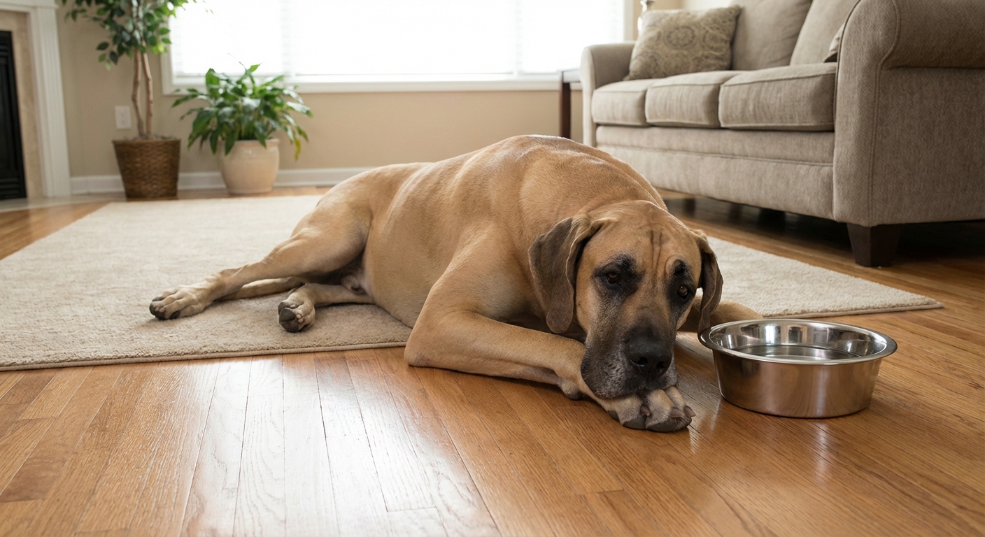 A Great Dane resting calmly on a living room floor beside a stainless steel water bowl