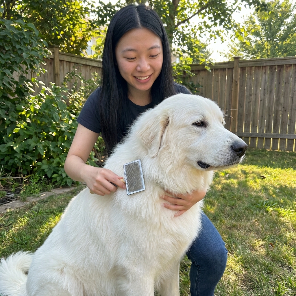 A Great Pyrenees being gently brushed outdoors with a slicker brush while sitting calmly
