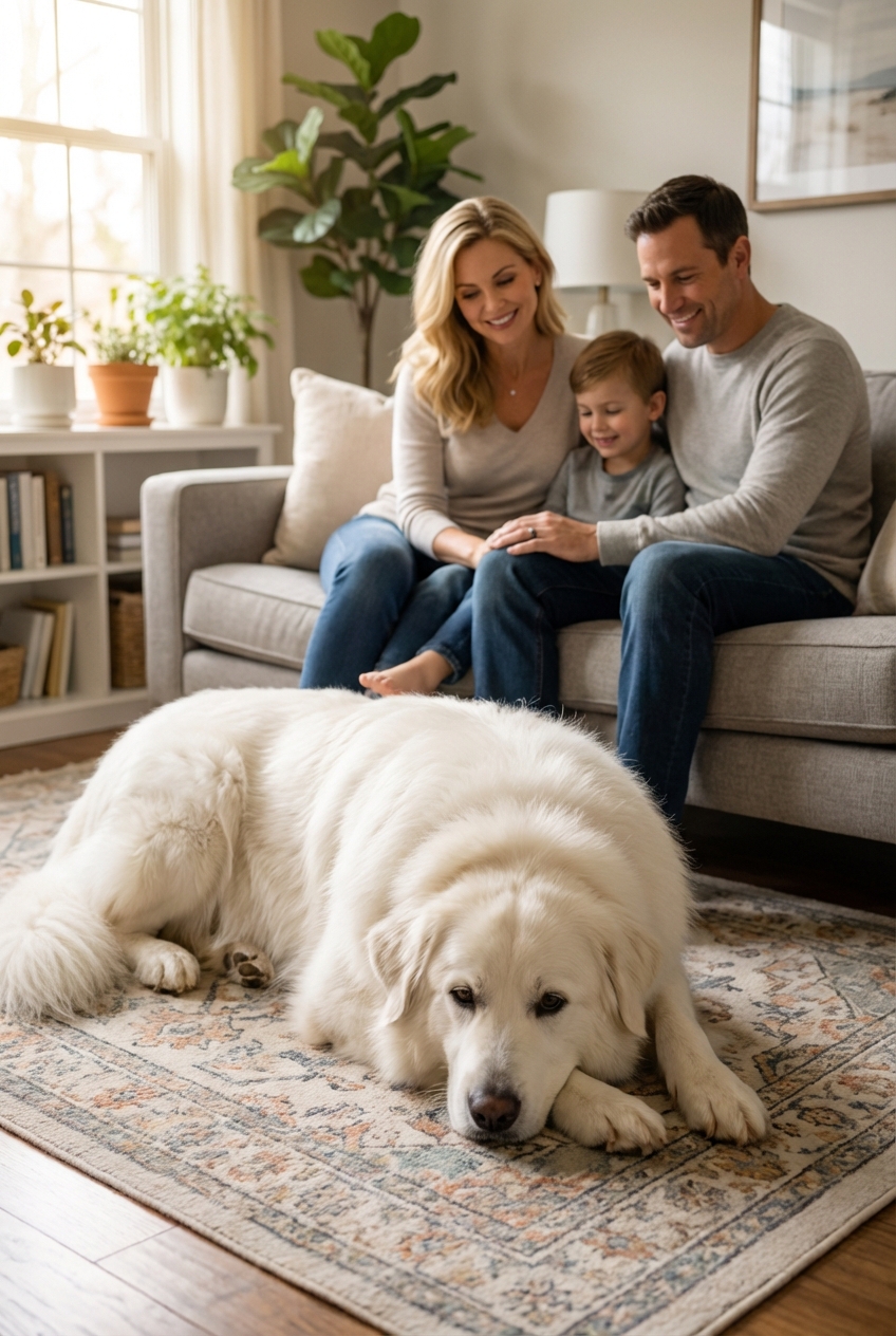 A Great Pyrenees lying calmly on a living room floor while a family sits nearby