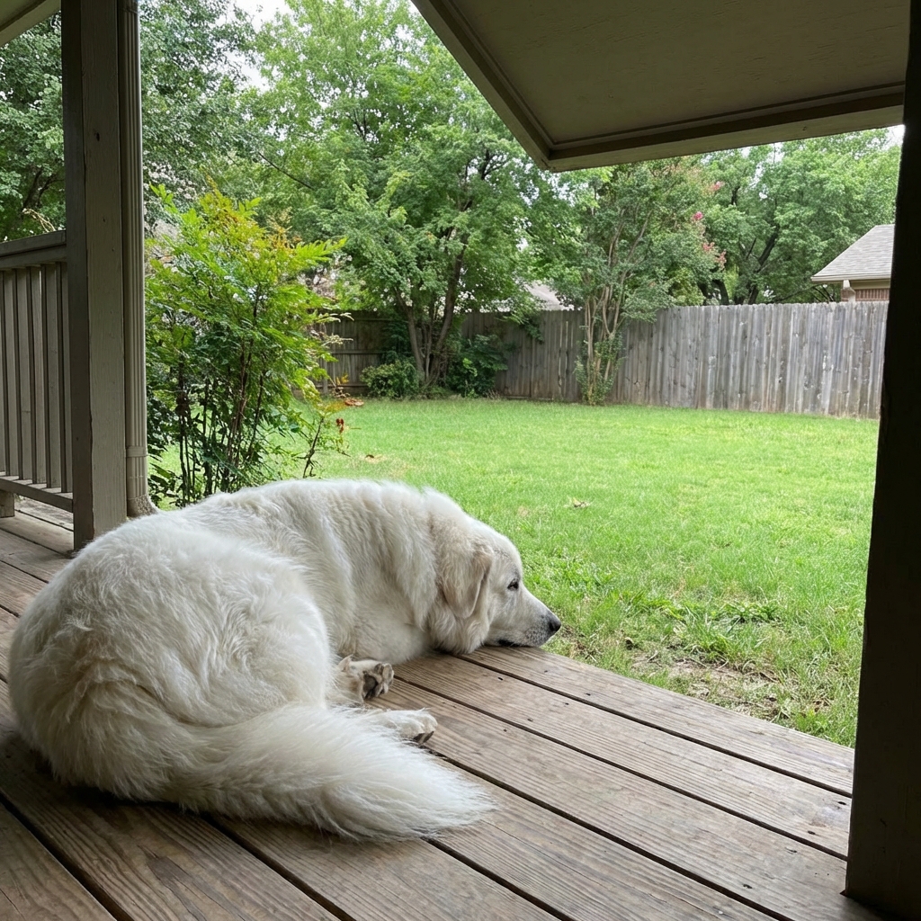 A Great Pyrenees resting on a shaded porch while watching a quiet backyard