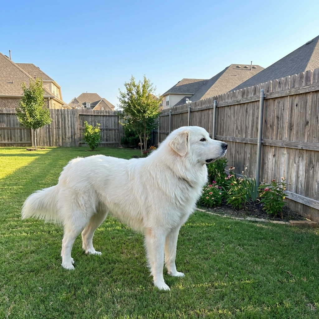 A Great Pyrenees standing alert near a fence line in a suburban backyard