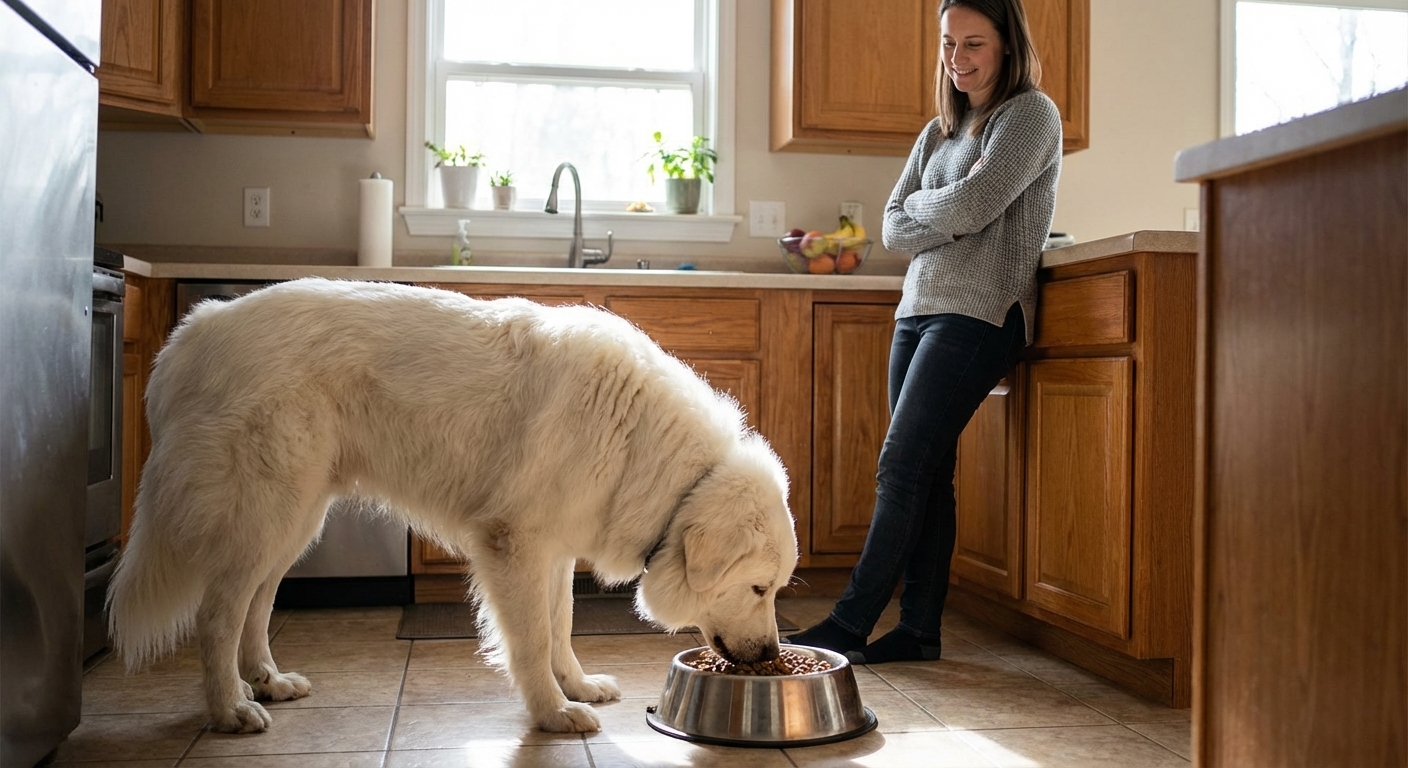 A Great Pyrenees standing at a stainless steel dog bowl in a kitchen, eating calmly while an owner watches, photorealistic lifestyle photo