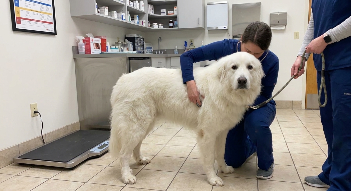 A Great Pyrenees standing calmly on a veterinary clinic floor while a veterinarian performs a wellness exam, realistic photograph
