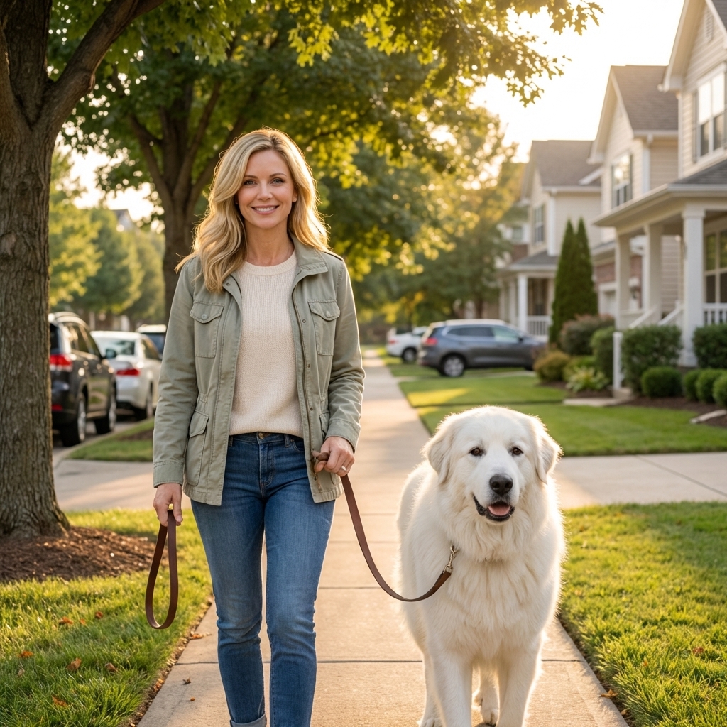 A Great Pyrenees walking on a leash beside an adult on a quiet suburban sidewalk during golden hour, photorealistic