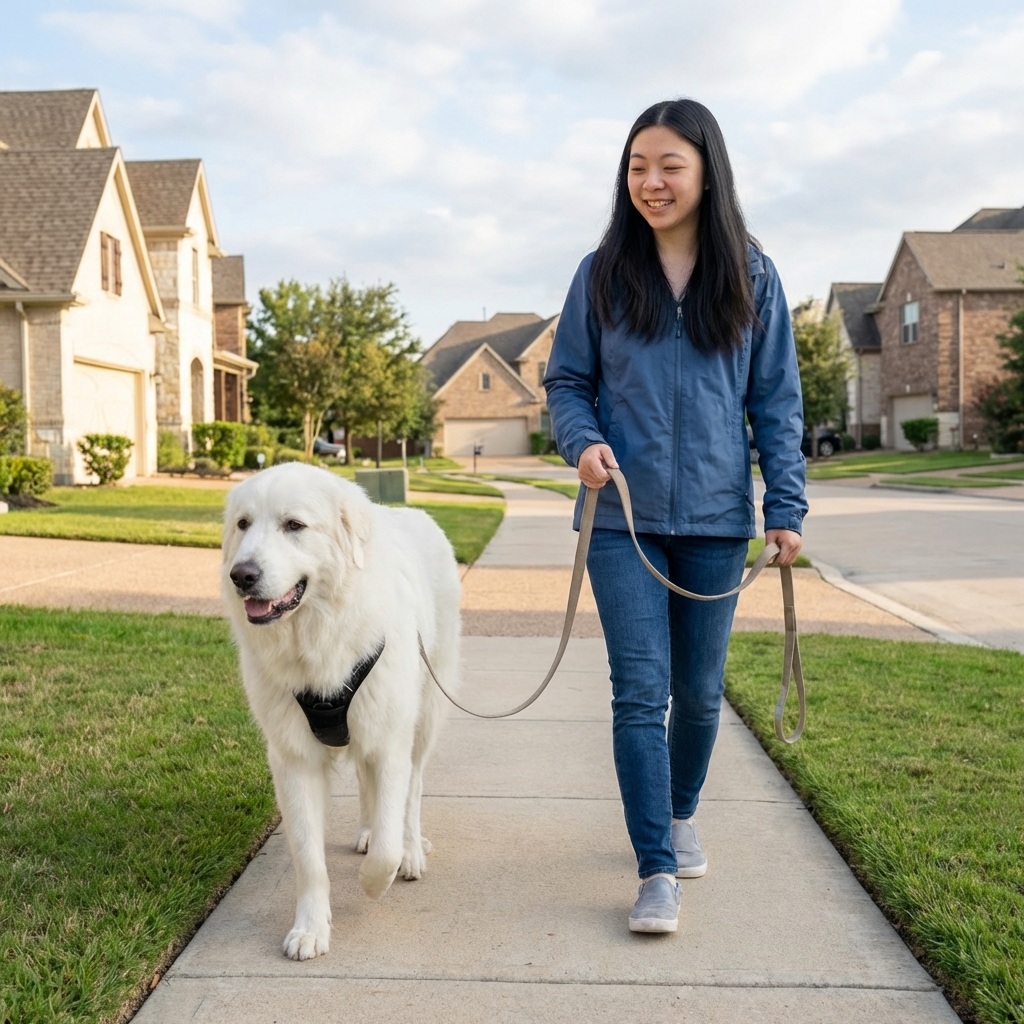 A Great Pyrenees wearing a harness while practicing loose leash walking on a quiet neighborhood sidewalk