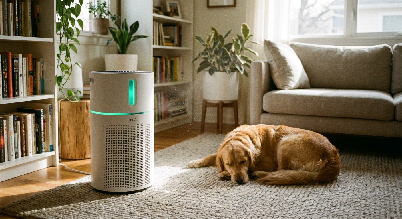 A HEPA air purifier running in a living room while a dog rests on a rug nearby