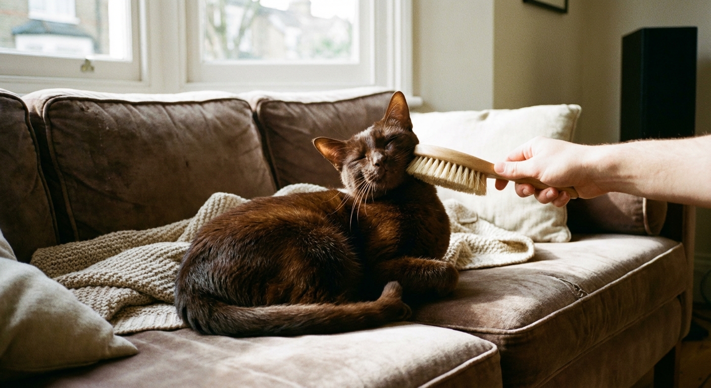 A Havana Brown cat being gently brushed with a soft grooming brush on a sofa