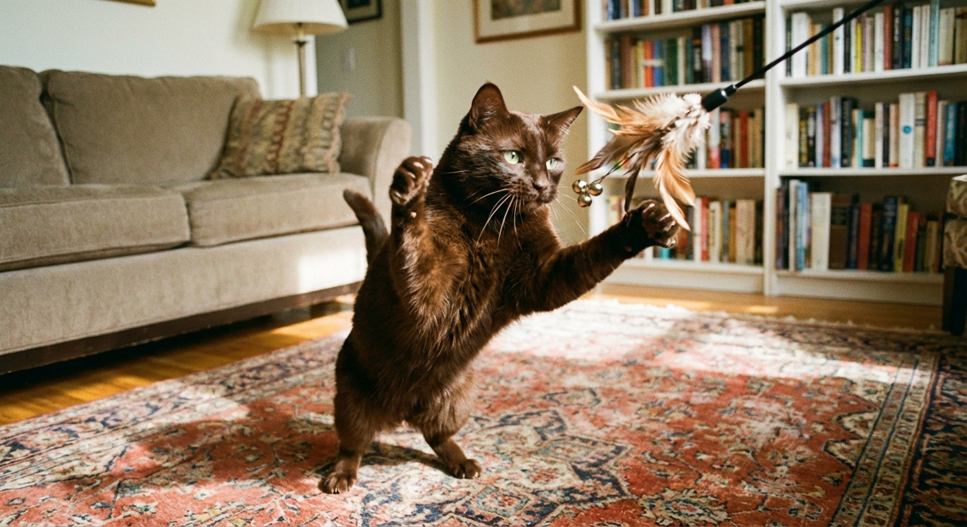 A Havana Brown cat playing with a feather wand toy in a living room, mid-pounce
